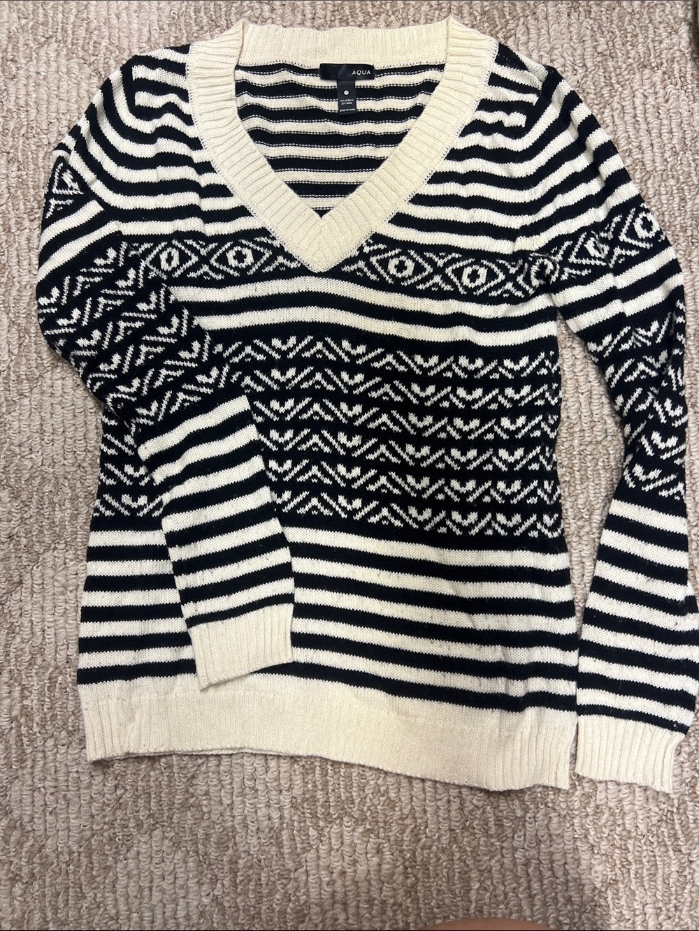 Aqua Black & Cream V-Neck Striped Fair Isle Sweater